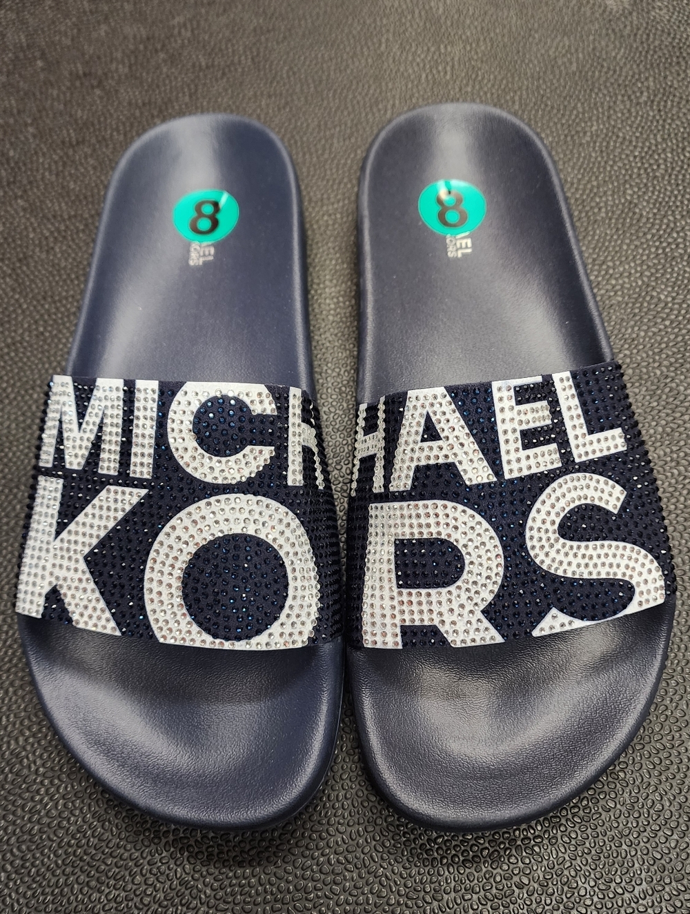 NWOB SZ 8 WOMEN'S NAVY BLUE RHINESTONE BLING SLIDE SANDALS.